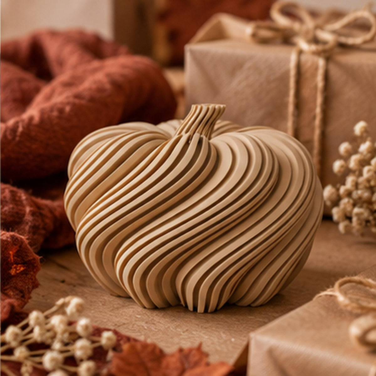 3D Printed Spiral Pumpkin Sculpture, Modern Autumn Shelf Decor, Halloween Mantel Ornament