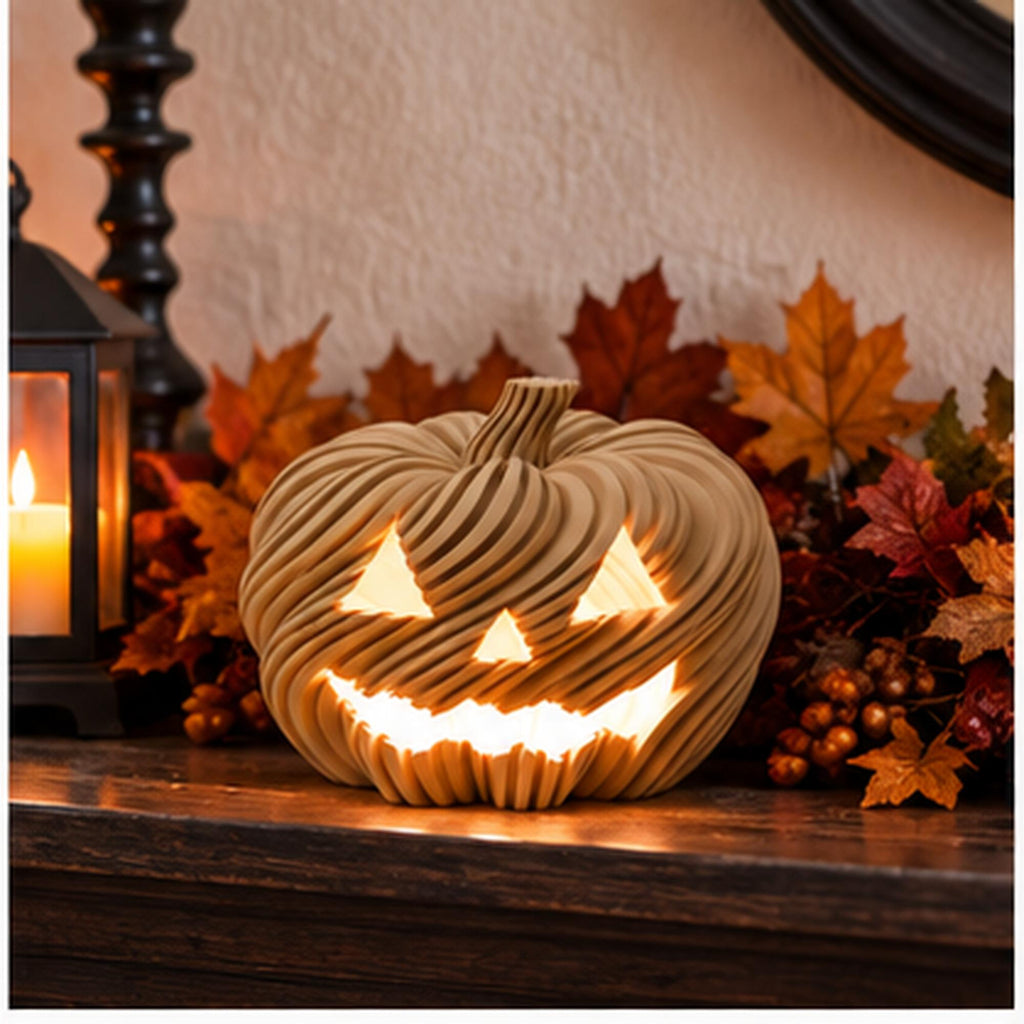 3D Printed Twisted Pumpkin Jack O Lantern Tealight Holder, Halloween Shelf Decor