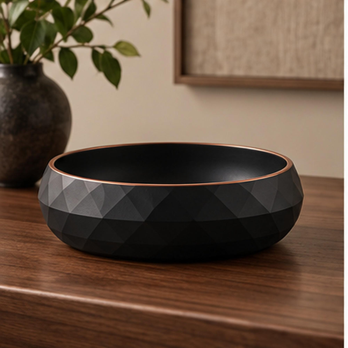 3D Printed Geometric Catchall Bowl, Modern Black Faceted Entryway Decor, Desk Organizer (Housewarming Gift)