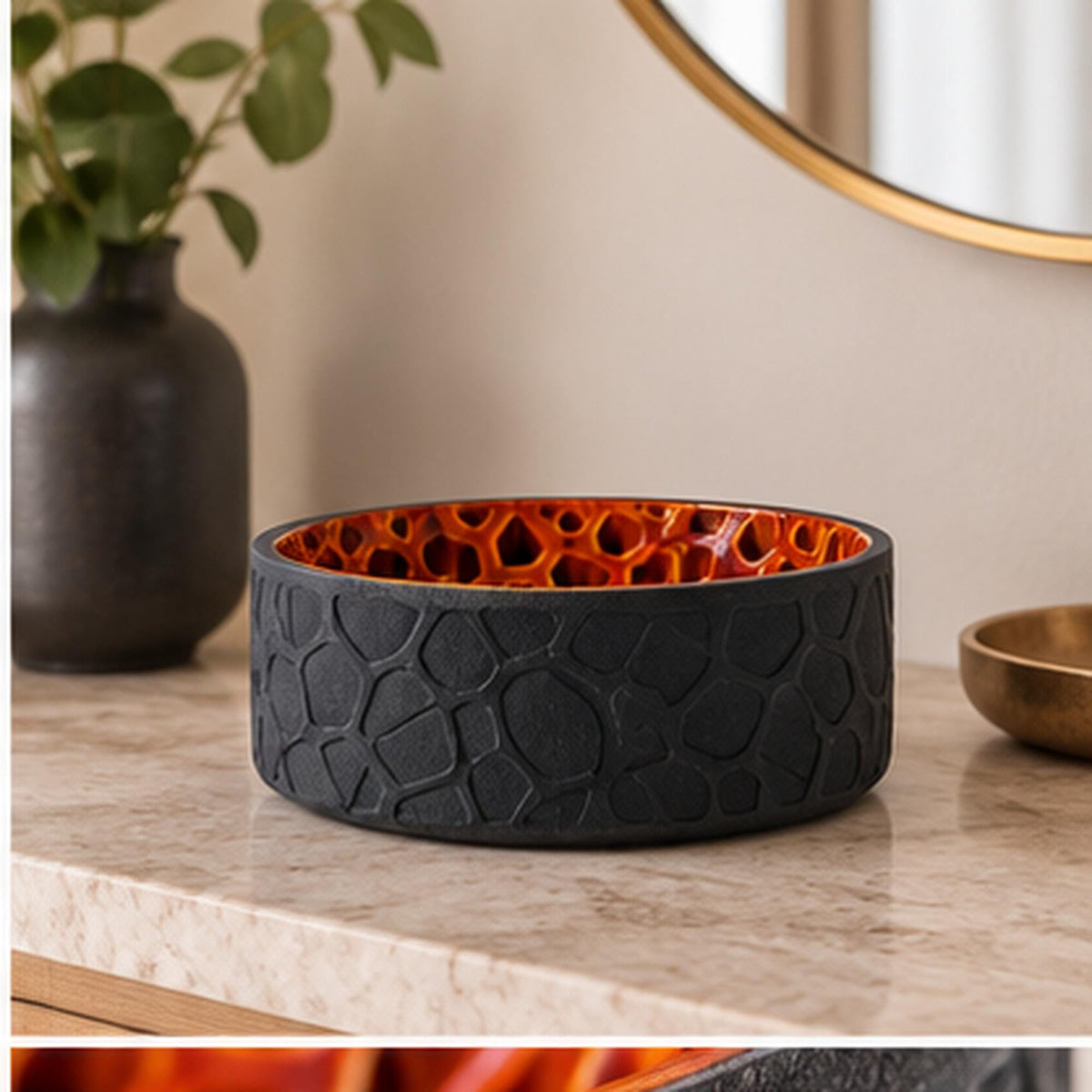 3D Printed Voronoi Bowl, Black & Copper Geometric Catchall, Japandi Decor (PLA)