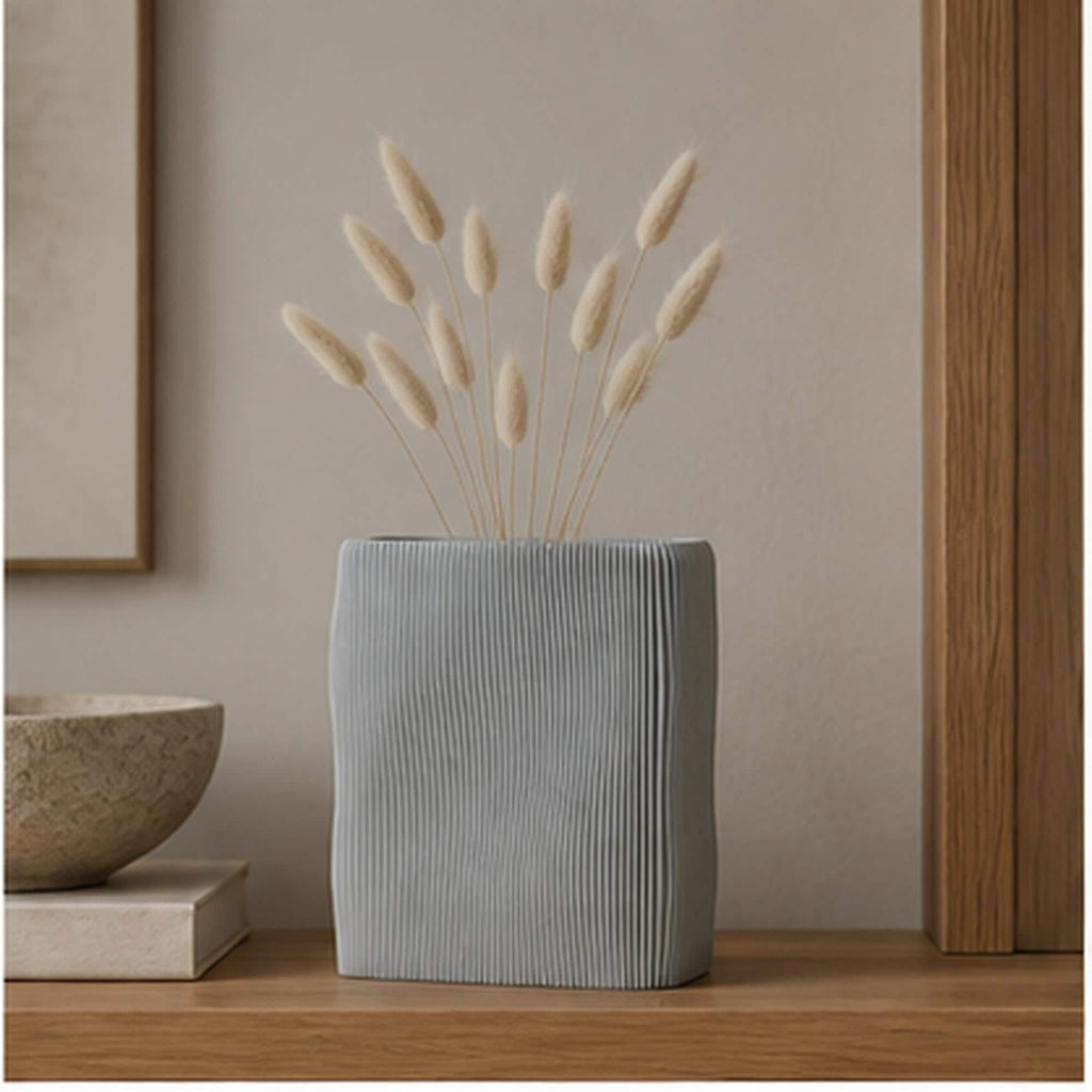 3D Printed Wave Vase, Ribbed Japandi Home Decor, Neutral Tabletop Centrepiece