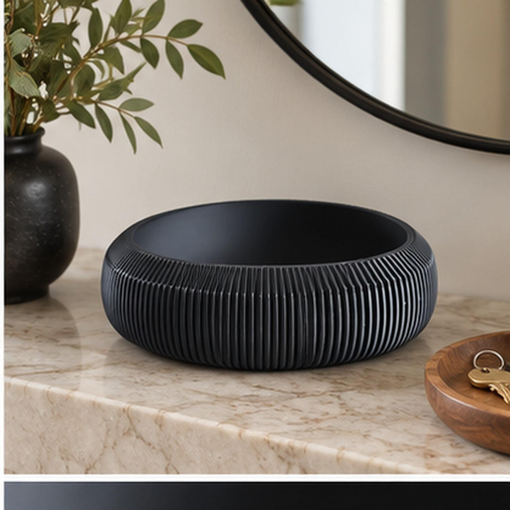 3D Printed Pleated Sculptural Bowl, Modern Black Japandi Centerpiece, Architectural Decor