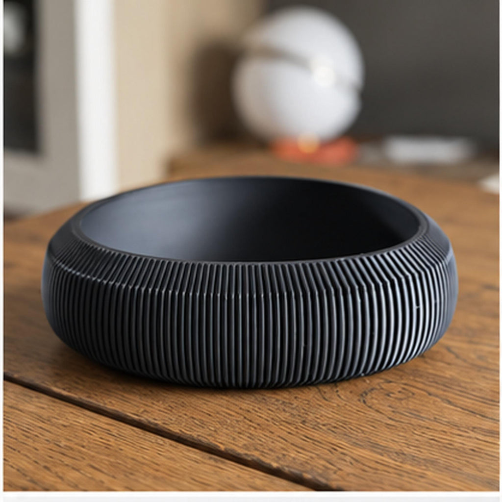 3D Printed Pleated Sculptural Bowl, Modern Black Japandi Centerpiece, Architectural Decor