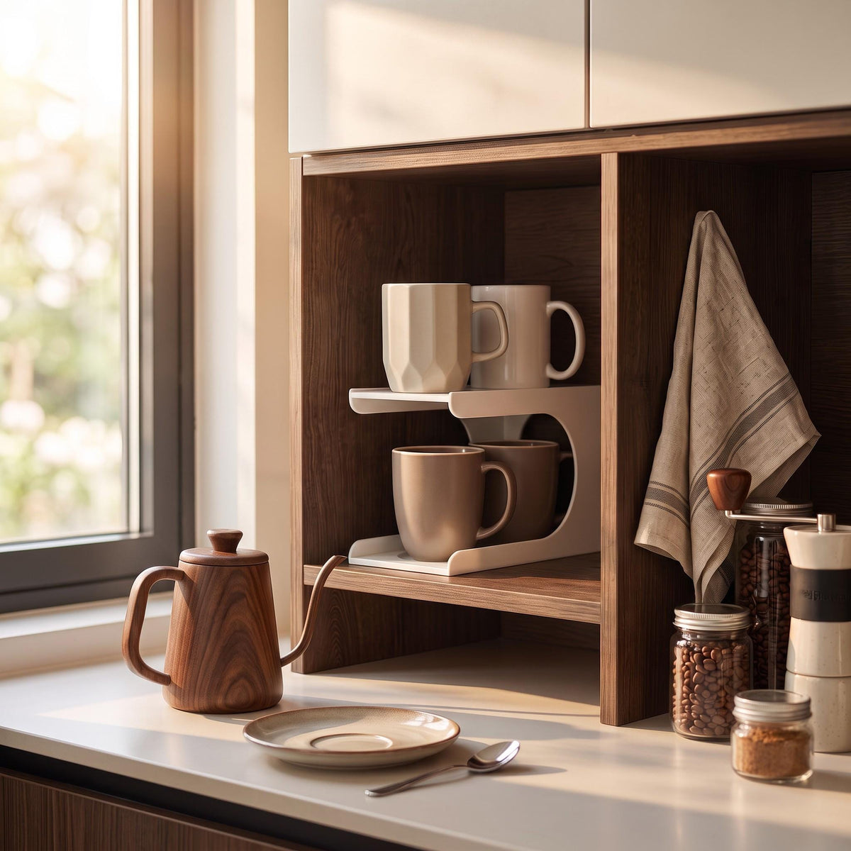 3D Printed Vertical Cup Organizer, Space-Saving Cabinet Storage (4 Cup Holder)