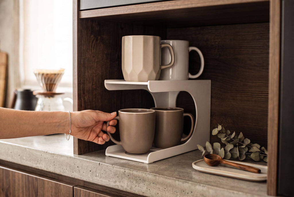 3D Printed Vertical Cup Organizer, Space-Saving Cabinet Storage (4 Cup Holder)