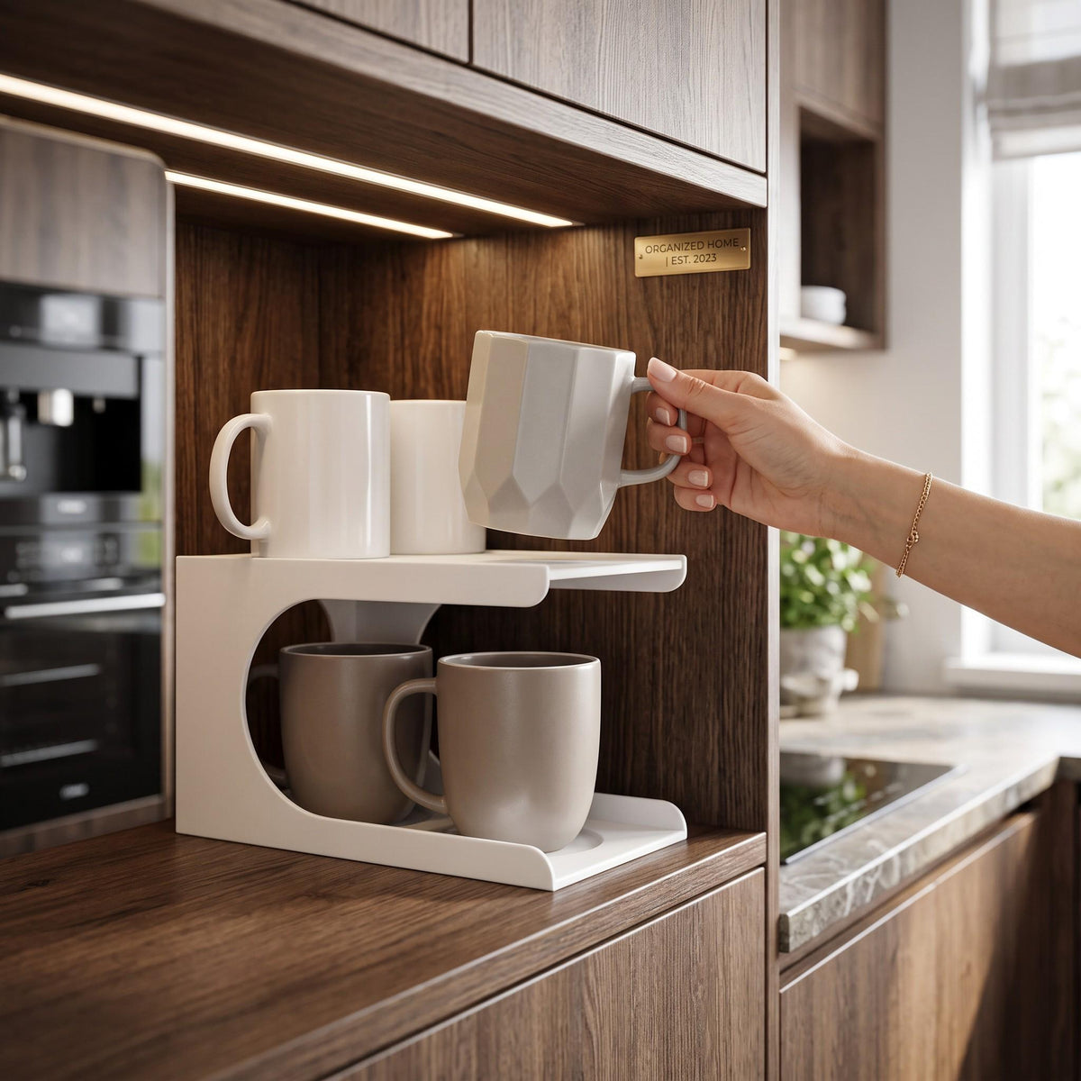 3D Printed Vertical Cup Organizer, Space-Saving Cabinet Storage (4 Cup Holder)