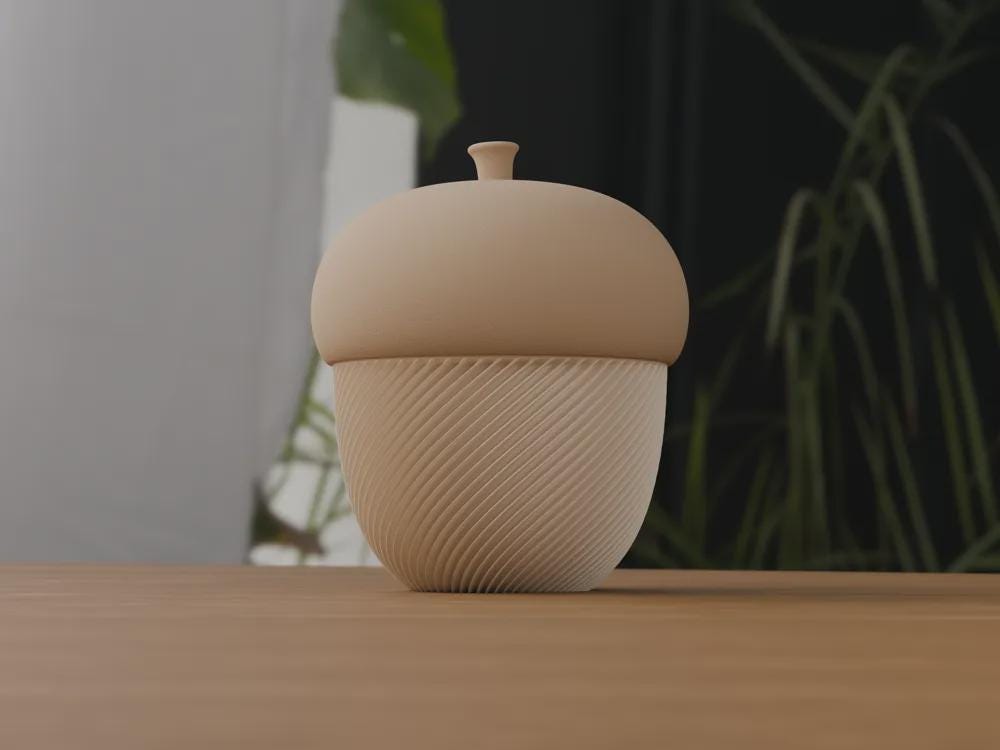 3D Printed Acorn Trinket Box, Spiral Ribbed Autumn Storage Jar (80x100mm)