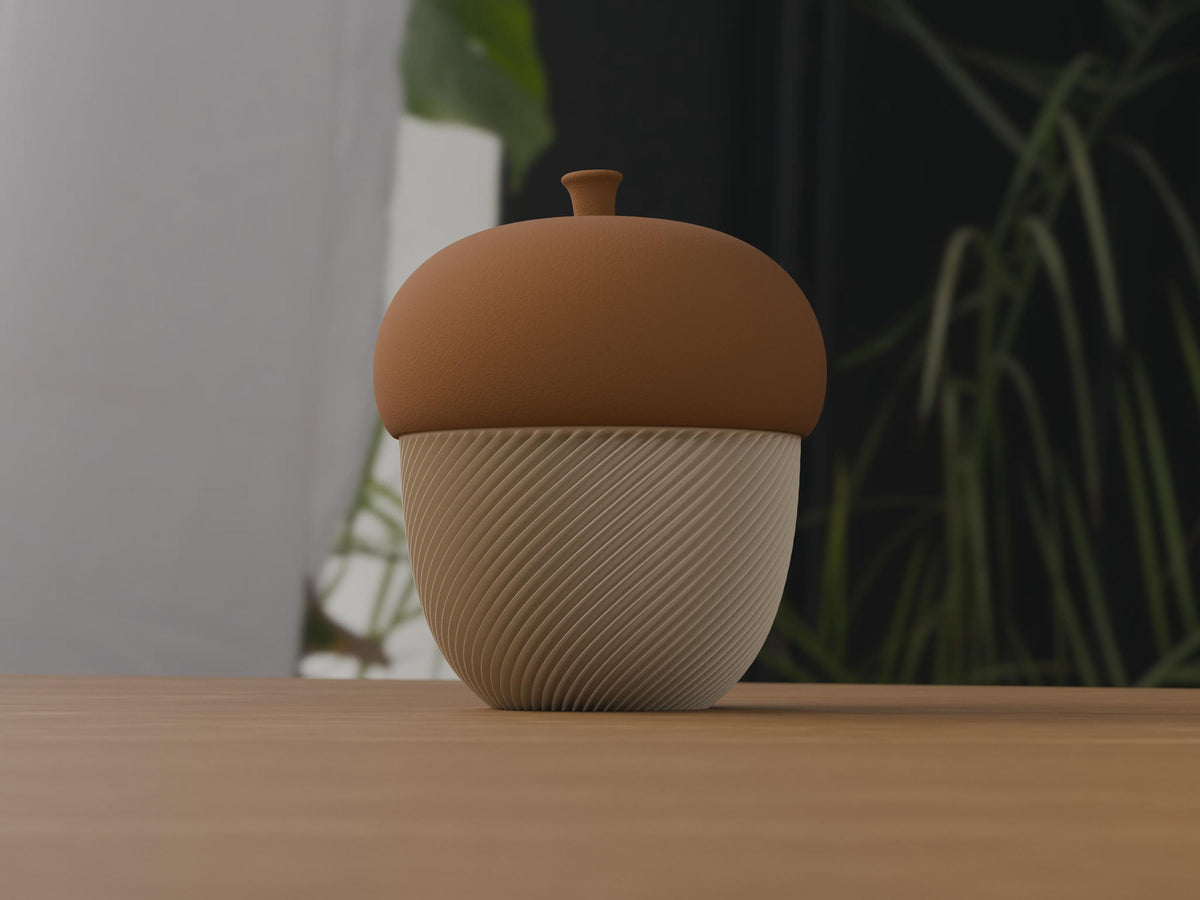 3D Printed Acorn Trinket Box, Spiral Ribbed Autumn Storage Jar (80x100mm)