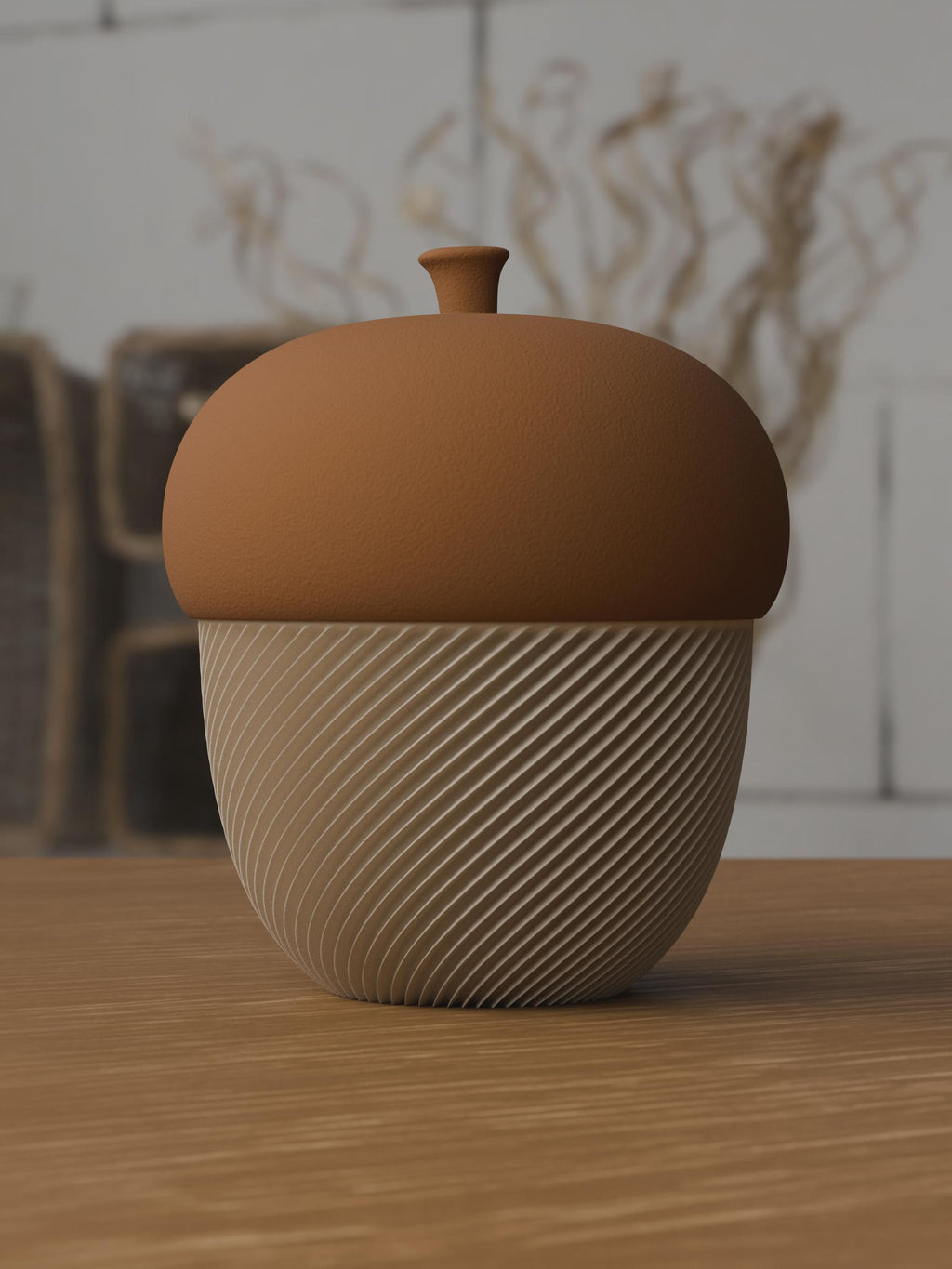 3D Printed Acorn Trinket Box, Spiral Ribbed Autumn Storage Jar (80x100mm)