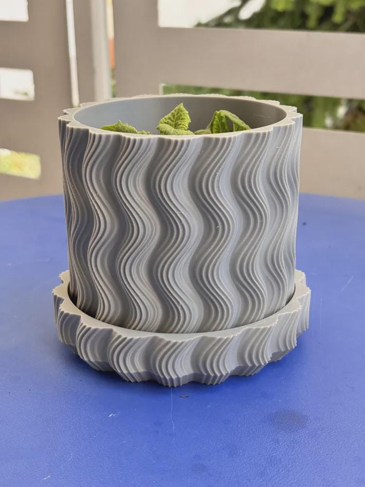 Wavy Ribbed 3D Printed Planter with Saucer, Japandi Scandi Decor (PLA)