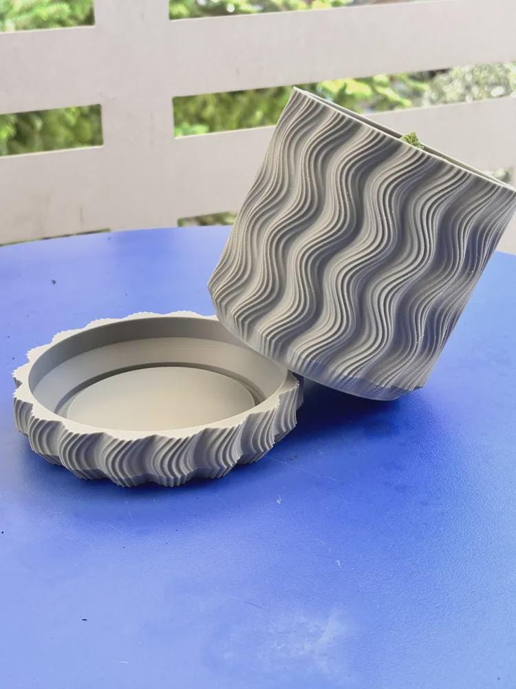 Wavy Ribbed 3D Printed Planter with Saucer, Japandi Scandi Decor (PLA)
