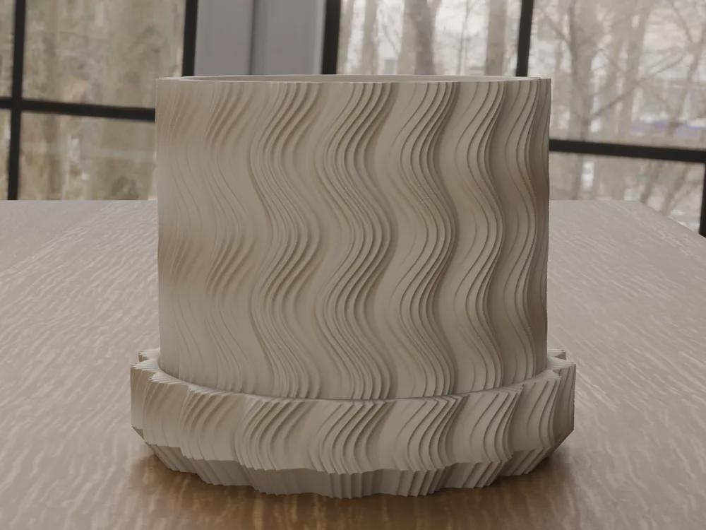 Wavy Ribbed 3D Printed Planter with Saucer, Japandi Scandi Decor (PLA)