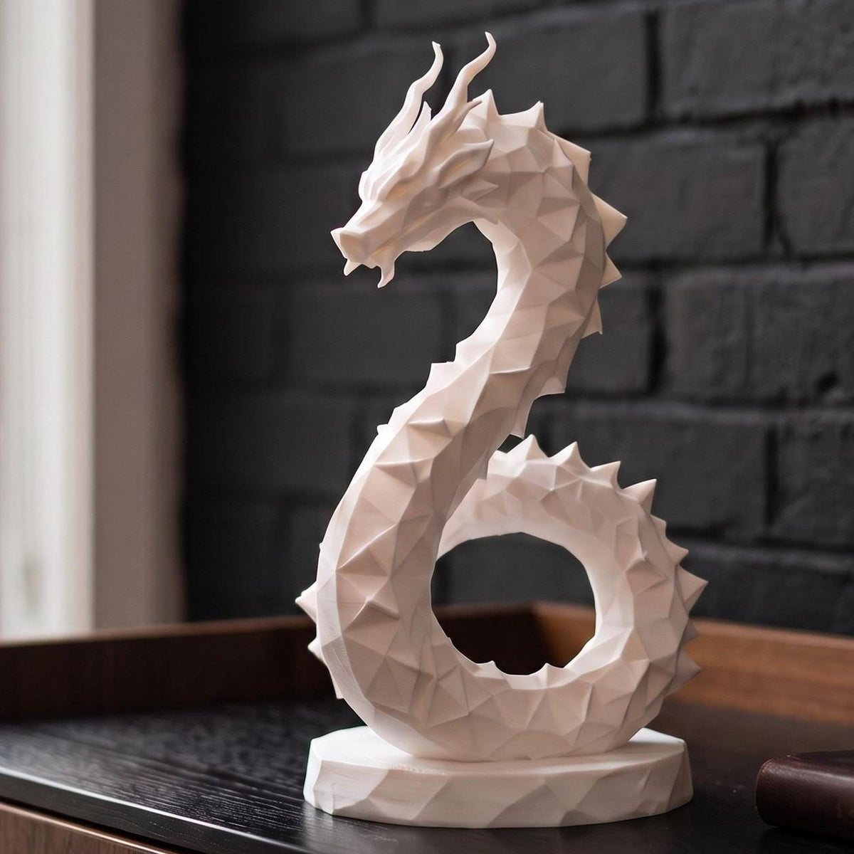 Low Poly Dragon Sculpture, Coiled Geometric 3D-Printed Fantasy Decor