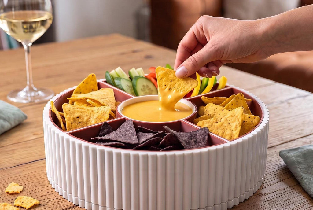 360 Rotating Ribbed Snack Tray, 4 Removable Bowls, Modern Organizer (3D Printed)