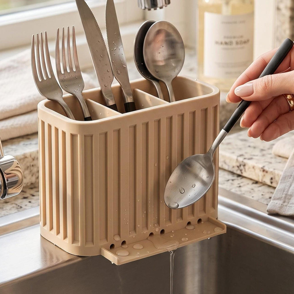 3-Compartment Japandi Cutlery Drainer, 3D Printed Sink Organizer (14x10x9cm)