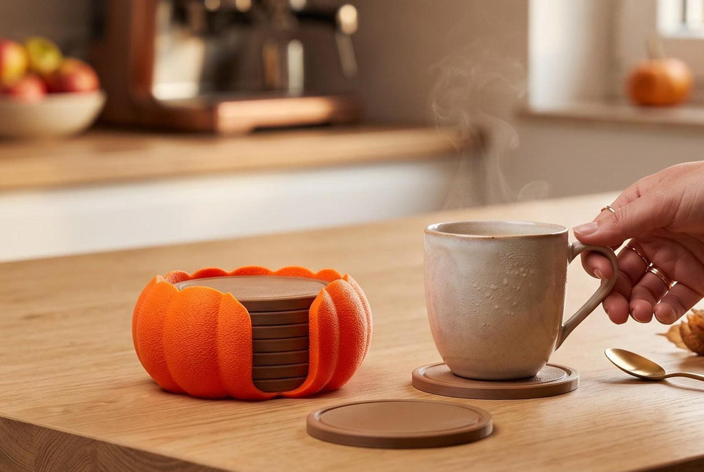 3D Printed Pumpkin Coaster Set with Holder, Autumn Table Decor (Set of 7)