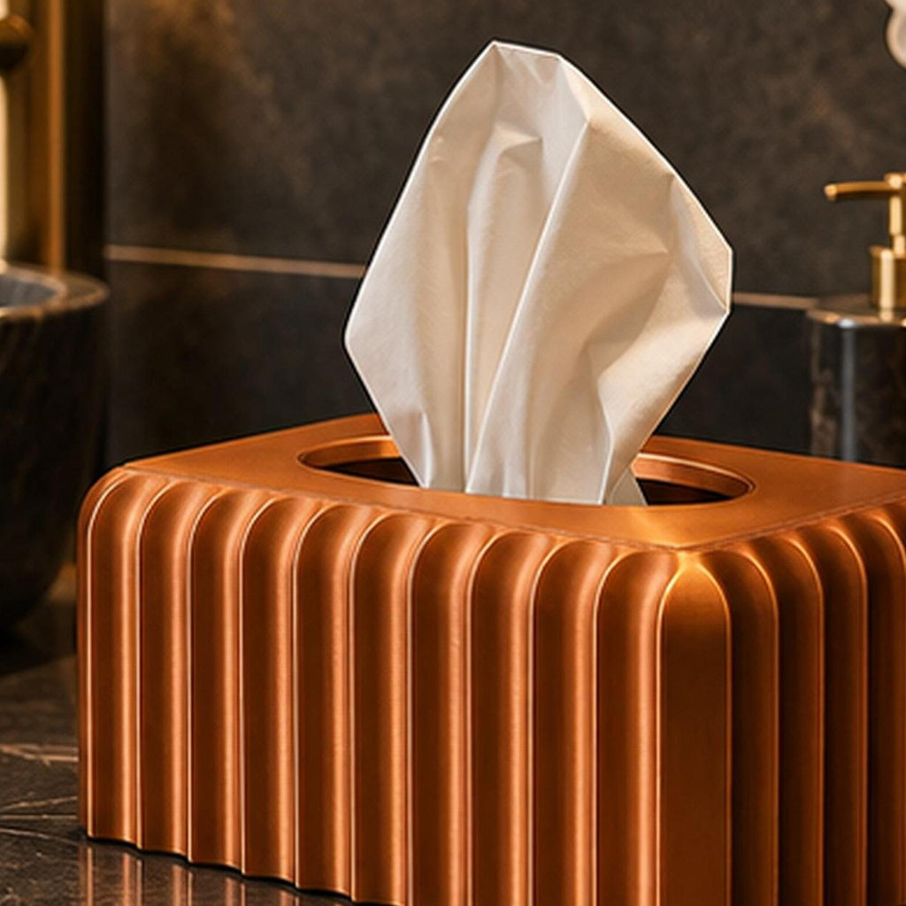 3D Printed Ribbed Copper Tissue Box Cover, Modern Bathroom Decor, Bronze Accent
