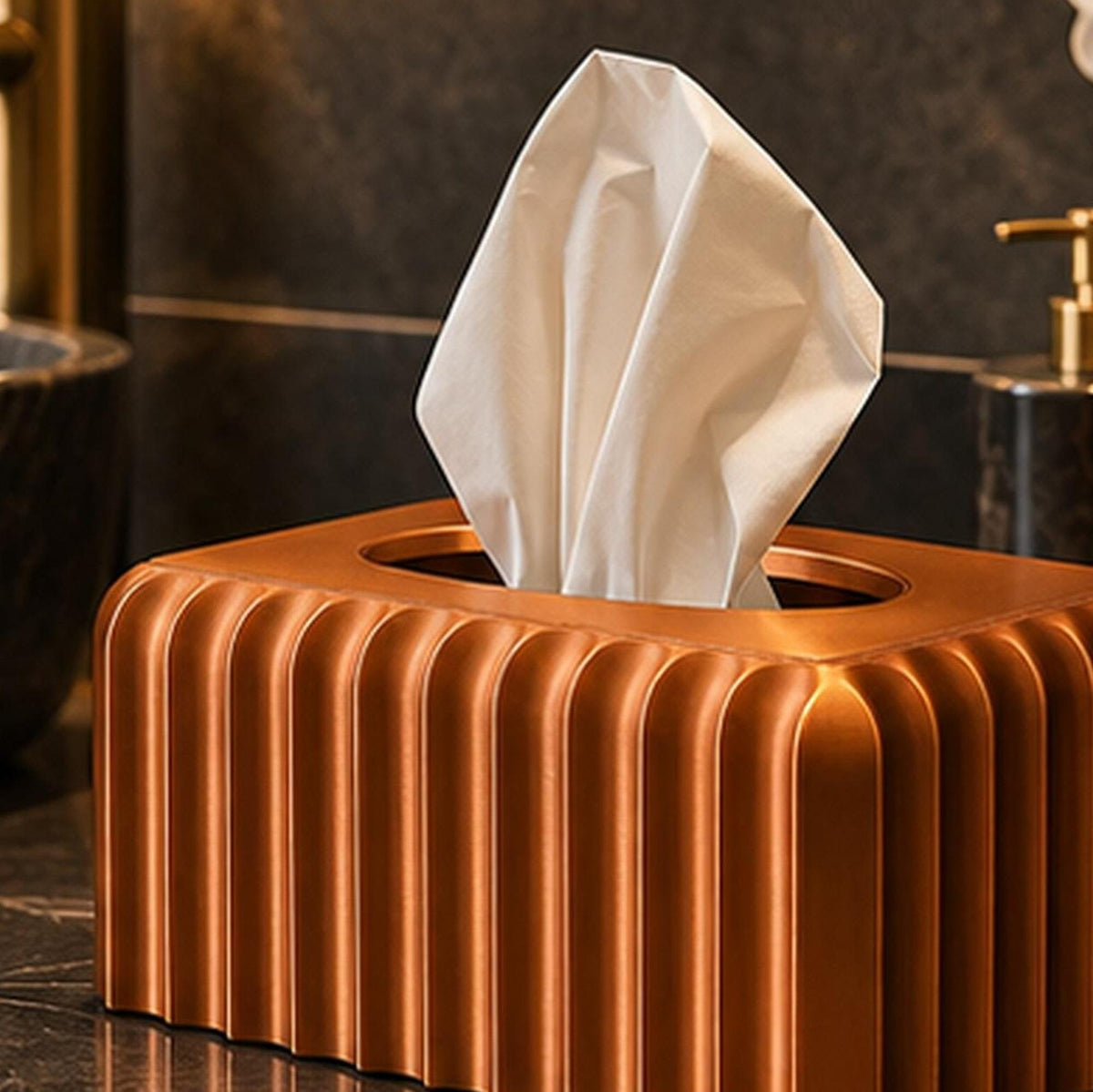 3D Printed Ribbed Copper Tissue Box Cover, Modern Bathroom Decor, Bronze Accent