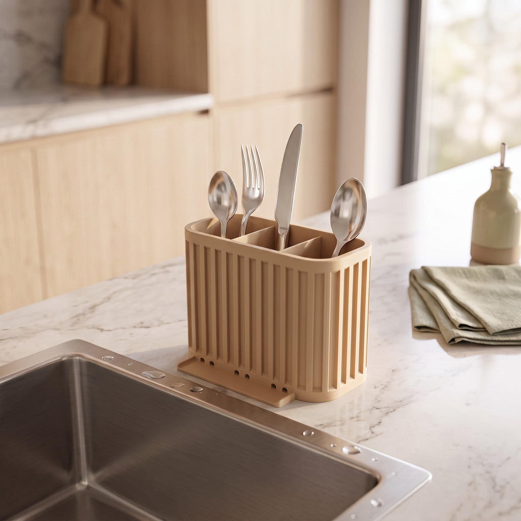 3-Compartment Japandi Cutlery Drainer, 3D Printed Sink Organizer (14x10x9cm)