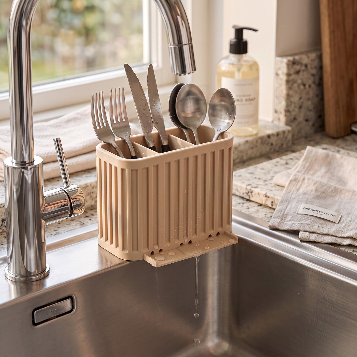 3-Compartment Japandi Cutlery Drainer, 3D Printed Sink Organizer (14x10x9cm)