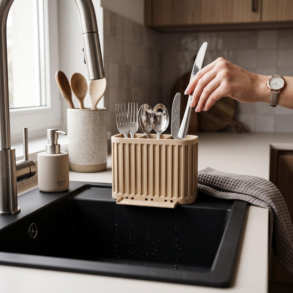 3-Compartment Japandi Cutlery Drainer, 3D Printed Sink Organizer (14x10x9cm)