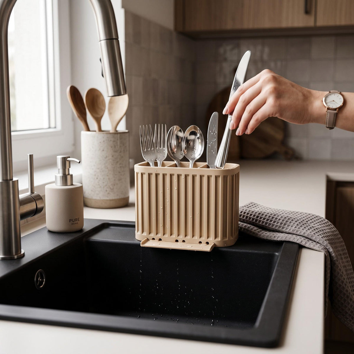 3-Compartment Japandi Cutlery Drainer, 3D Printed Sink Organizer (14x10x9cm)
