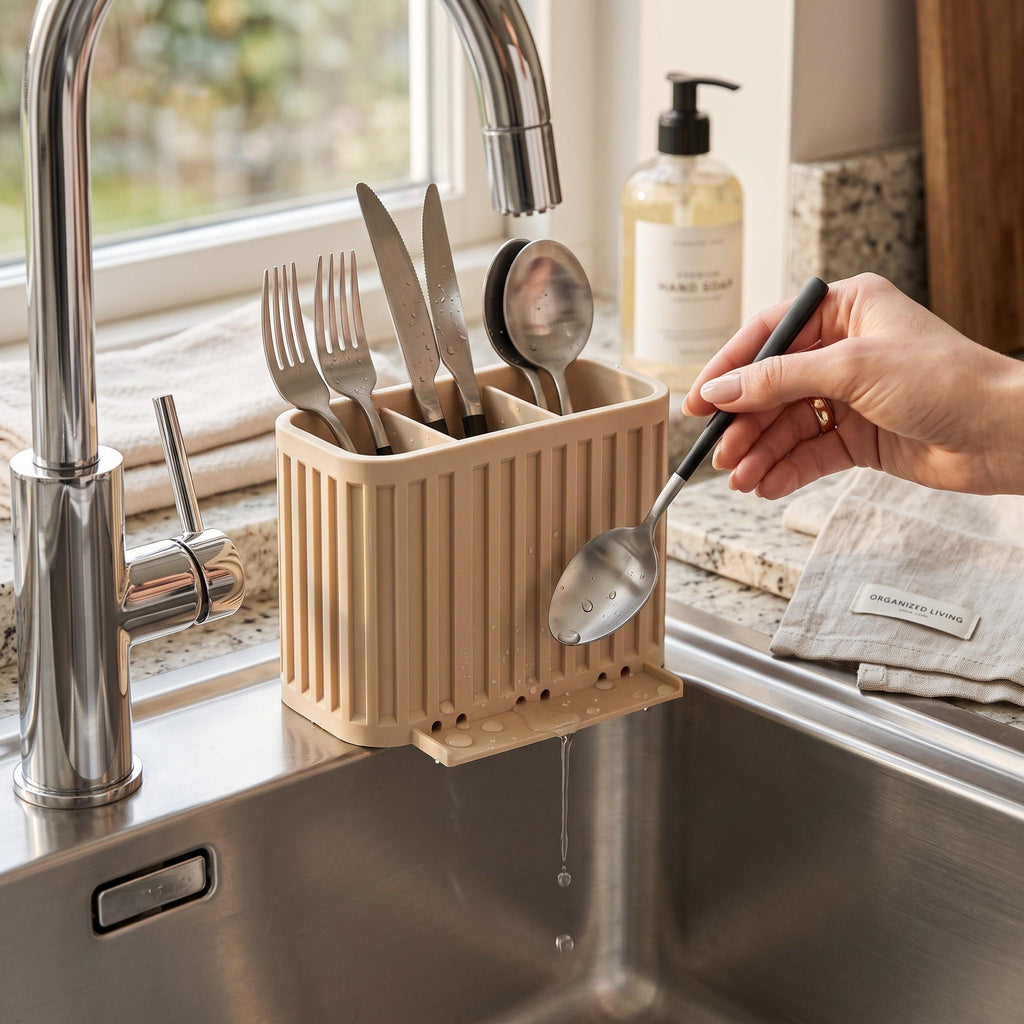 3-Compartment Japandi Cutlery Drainer, 3D Printed Sink Organizer (14x10x9cm)