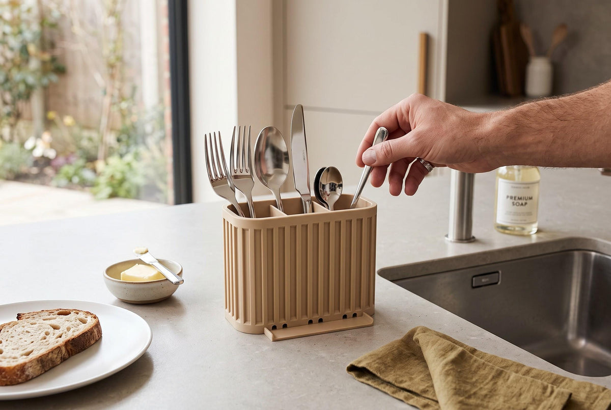 3-Compartment Japandi Cutlery Drainer, 3D Printed Sink Organizer (14x10x9cm)