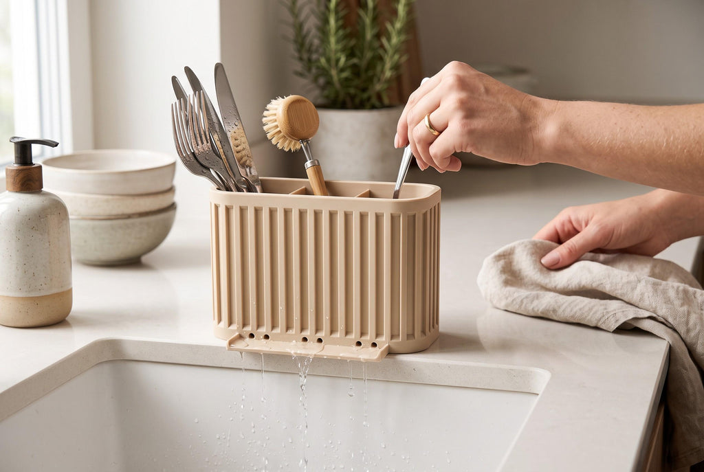 3-Compartment Japandi Cutlery Drainer, 3D Printed Sink Organizer (14x10x9cm)