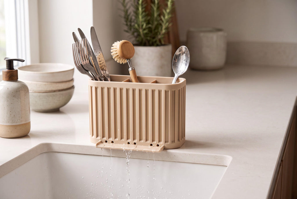 3-Compartment Japandi Cutlery Drainer, 3D Printed Sink Organizer (14x10x9cm)