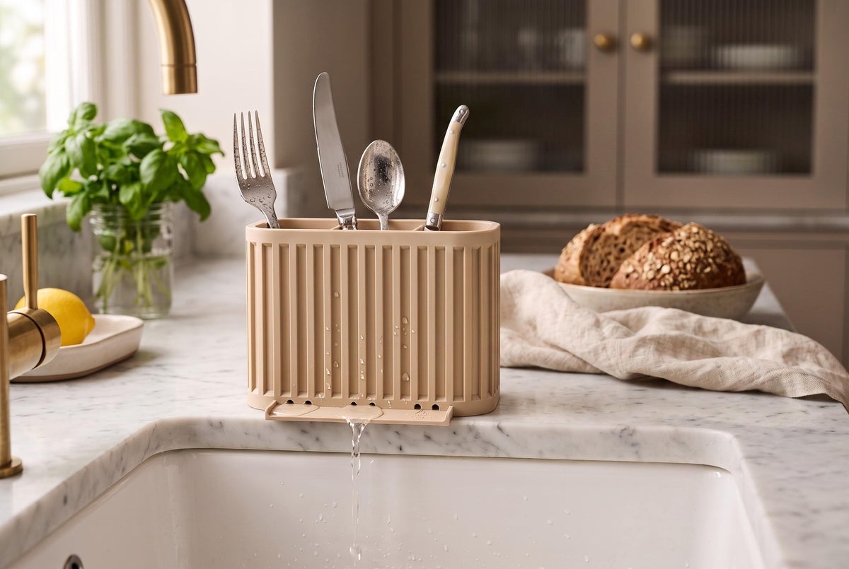 3-Compartment Japandi Cutlery Drainer, 3D Printed Sink Organizer (14x10x9cm)