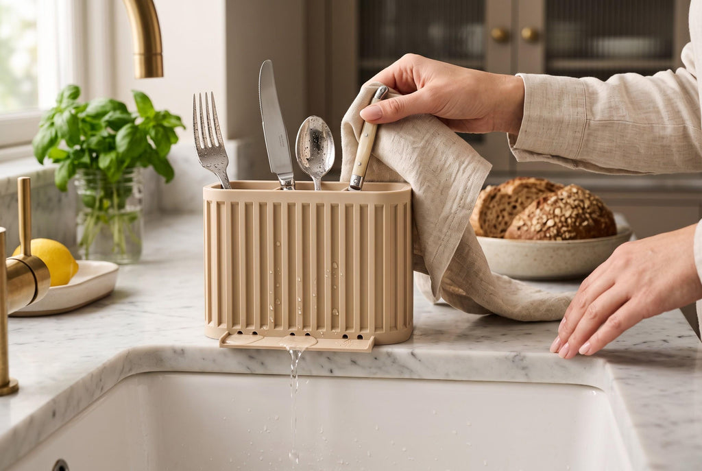 3-Compartment Japandi Cutlery Drainer, 3D Printed Sink Organizer (14x10x9cm)