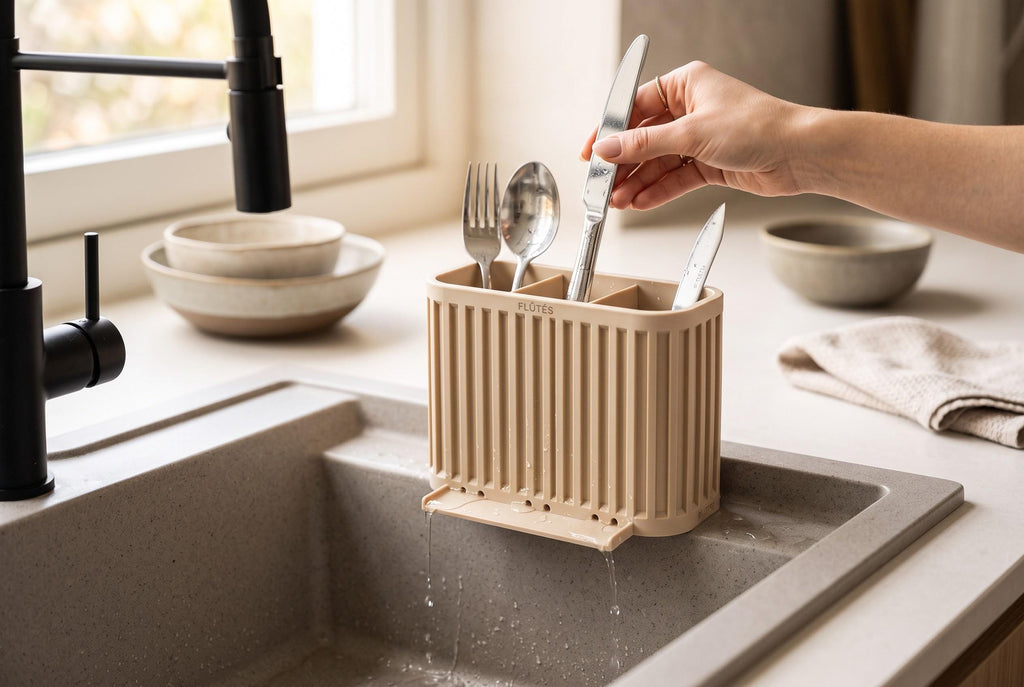 3-Compartment Japandi Cutlery Drainer, 3D Printed Sink Organizer (14x10x9cm)