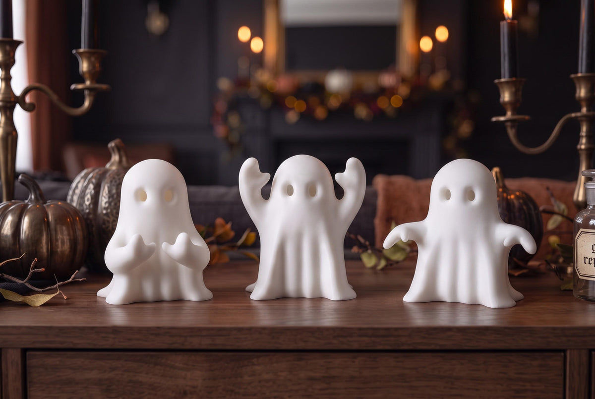 3D Printed Ghost Figurines Set, Spooky Shelf Decor, Autumn Mantel Display (Set of 3)