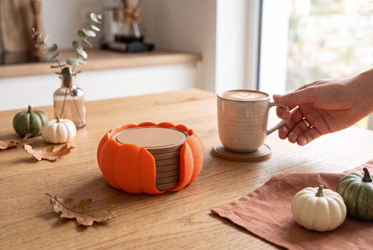 3D Printed Pumpkin Coaster Set with Holder, Autumn Table Decor (Set of 7)