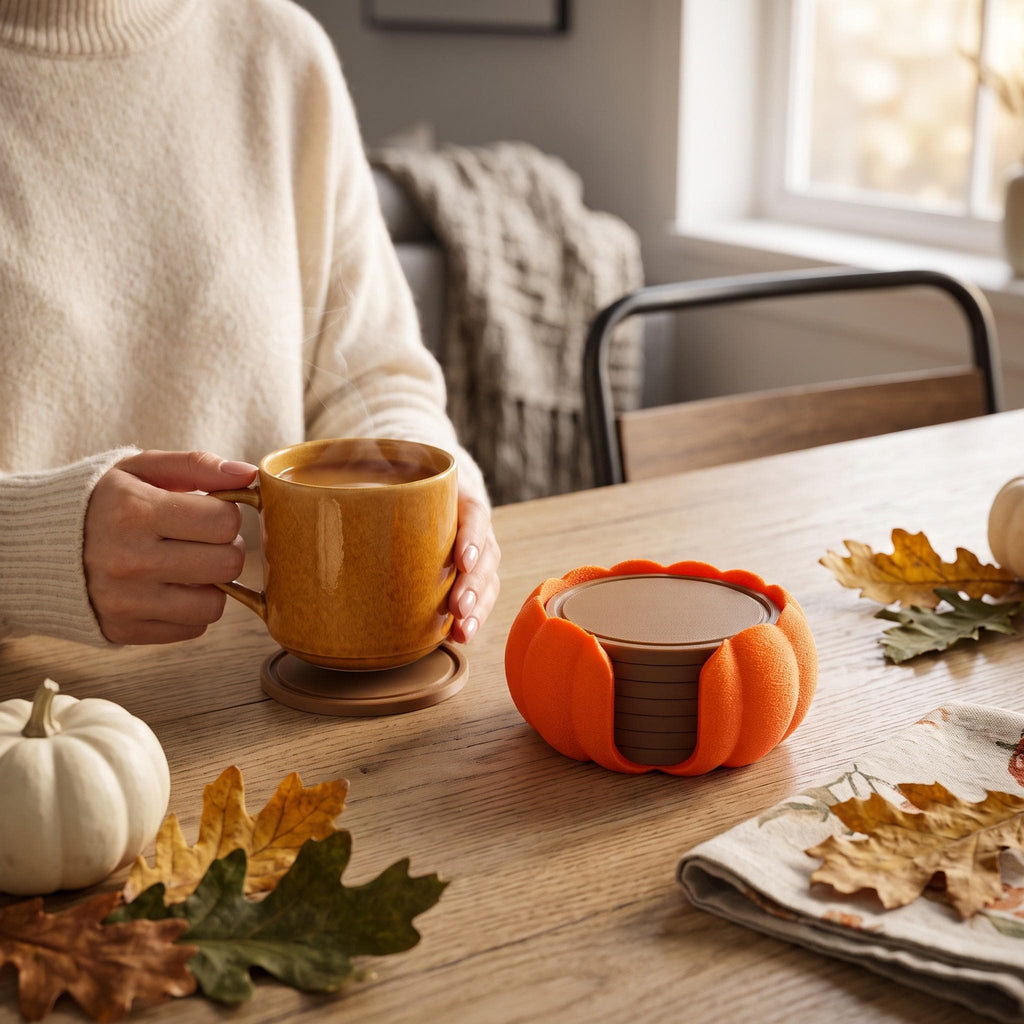 3D Printed Pumpkin Coaster Set with Holder, Autumn Table Decor (Set of 7)