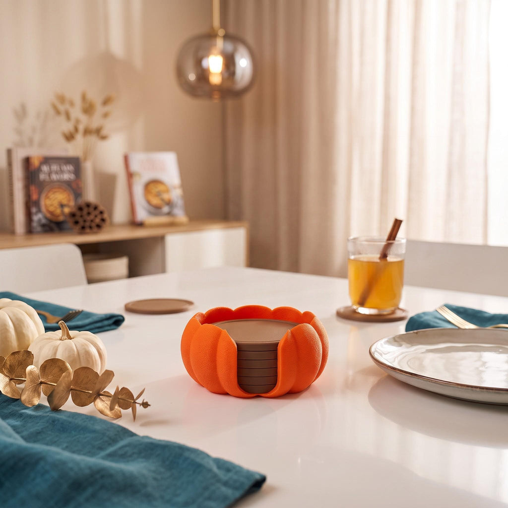 3D Printed Pumpkin Coaster Set with Holder, Autumn Table Decor (Set of 7)