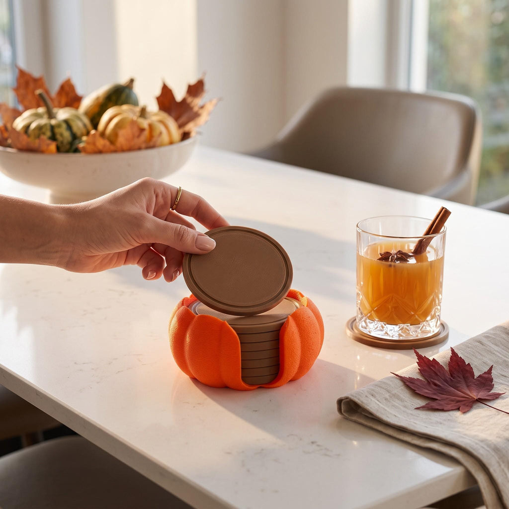 3D Printed Pumpkin Coaster Set with Holder, Autumn Table Decor (Set of 7)