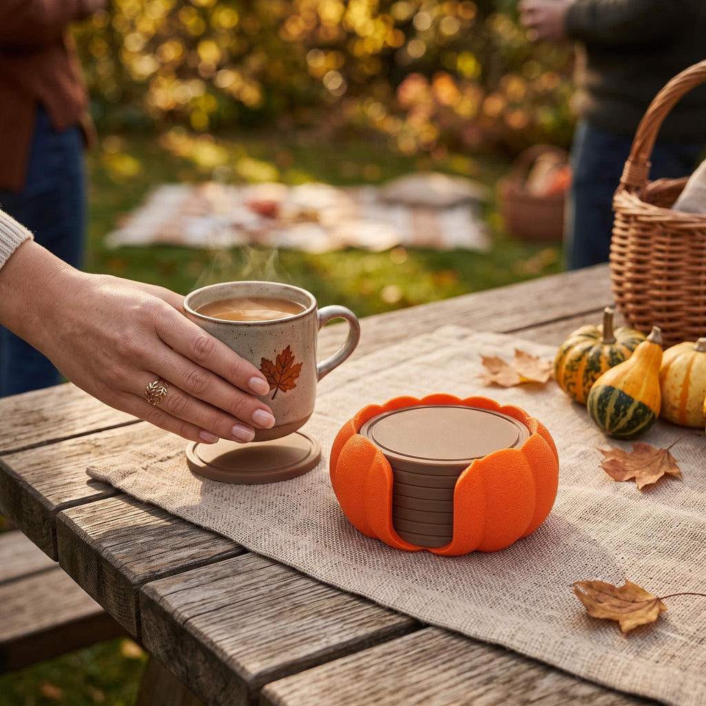 3D Printed Pumpkin Coaster Set with Holder, Autumn Table Decor (Set of 7)