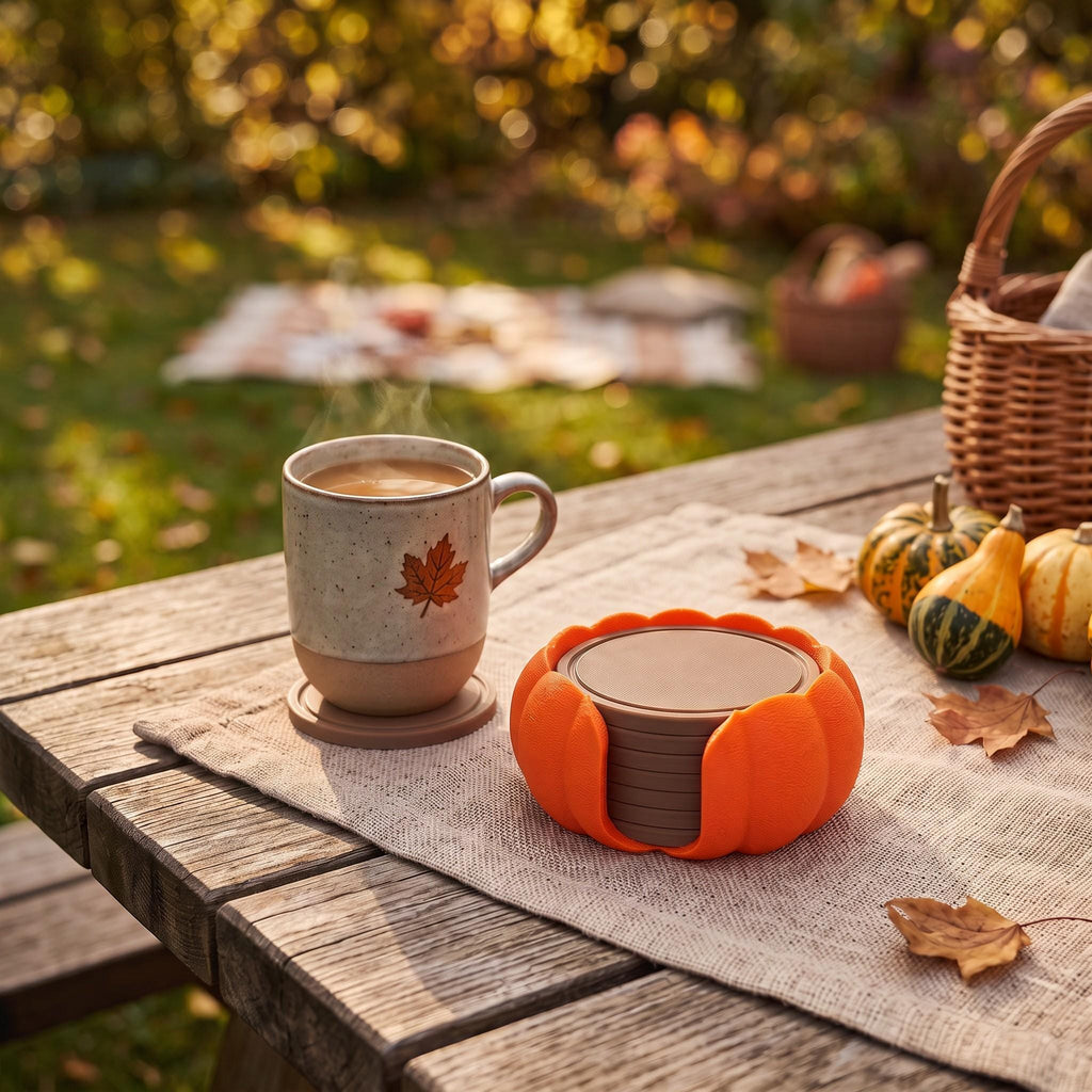 3D Printed Pumpkin Coaster Set with Holder, Autumn Table Decor (Set of 7)