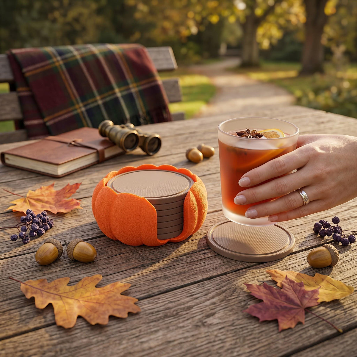 3D Printed Pumpkin Coaster Set with Holder, Autumn Table Decor (Set of 7)