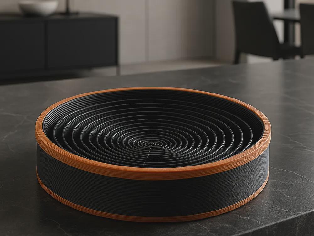 3D Printed Spiral Catchall Tray, Black & Copper Valet Dish, Modern Desk Organiser
