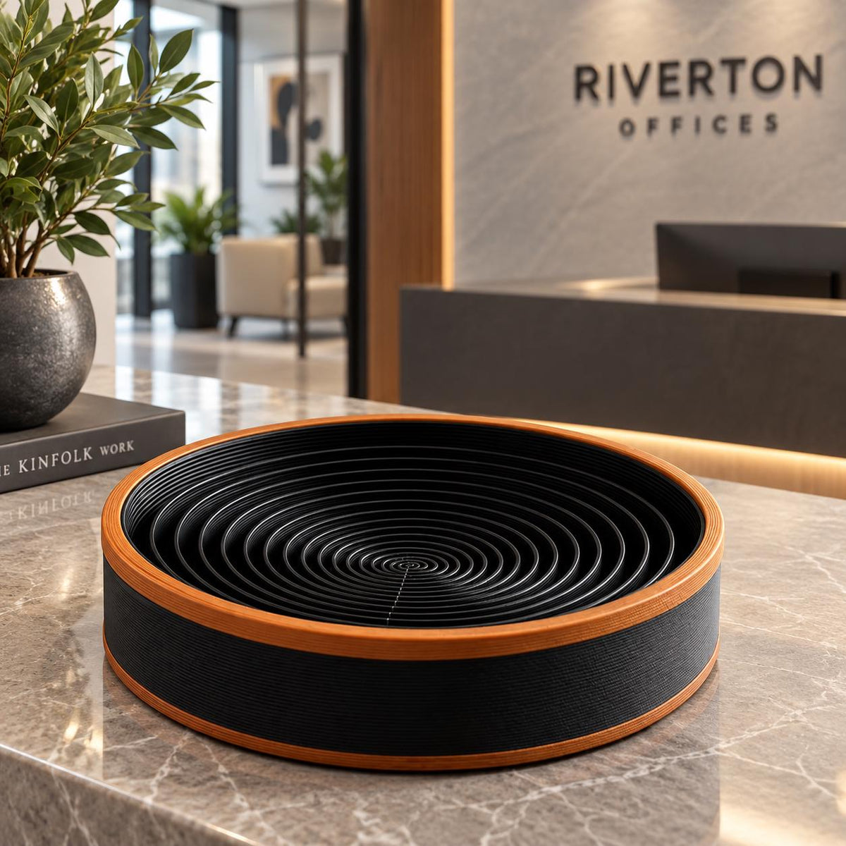 3D Printed Spiral Catchall Tray, Black & Copper Valet Dish, Modern Desk Organiser