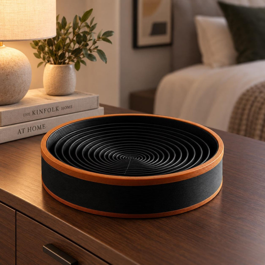 3D Printed Spiral Catchall Tray, Black & Copper Valet Dish, Modern Desk Organiser