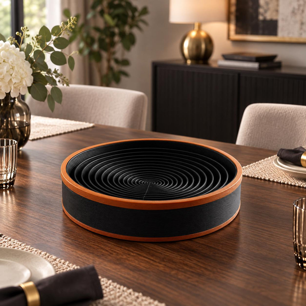 3D Printed Spiral Catchall Tray, Black & Copper Valet Dish, Modern Desk Organiser
