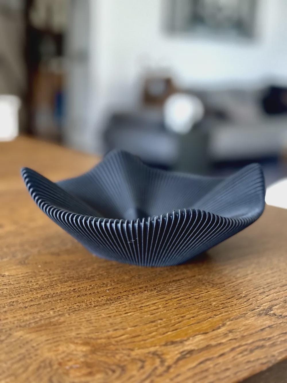 3D Printed Black Pleated Bowl, Folded Rim Sculptural Centrepiece, Japandi Decor