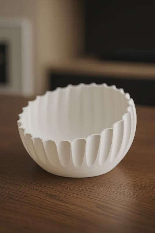 Ivory Pleated Sculptural Bowl, Scalloped Rim, 3D Printed Japandi Decor