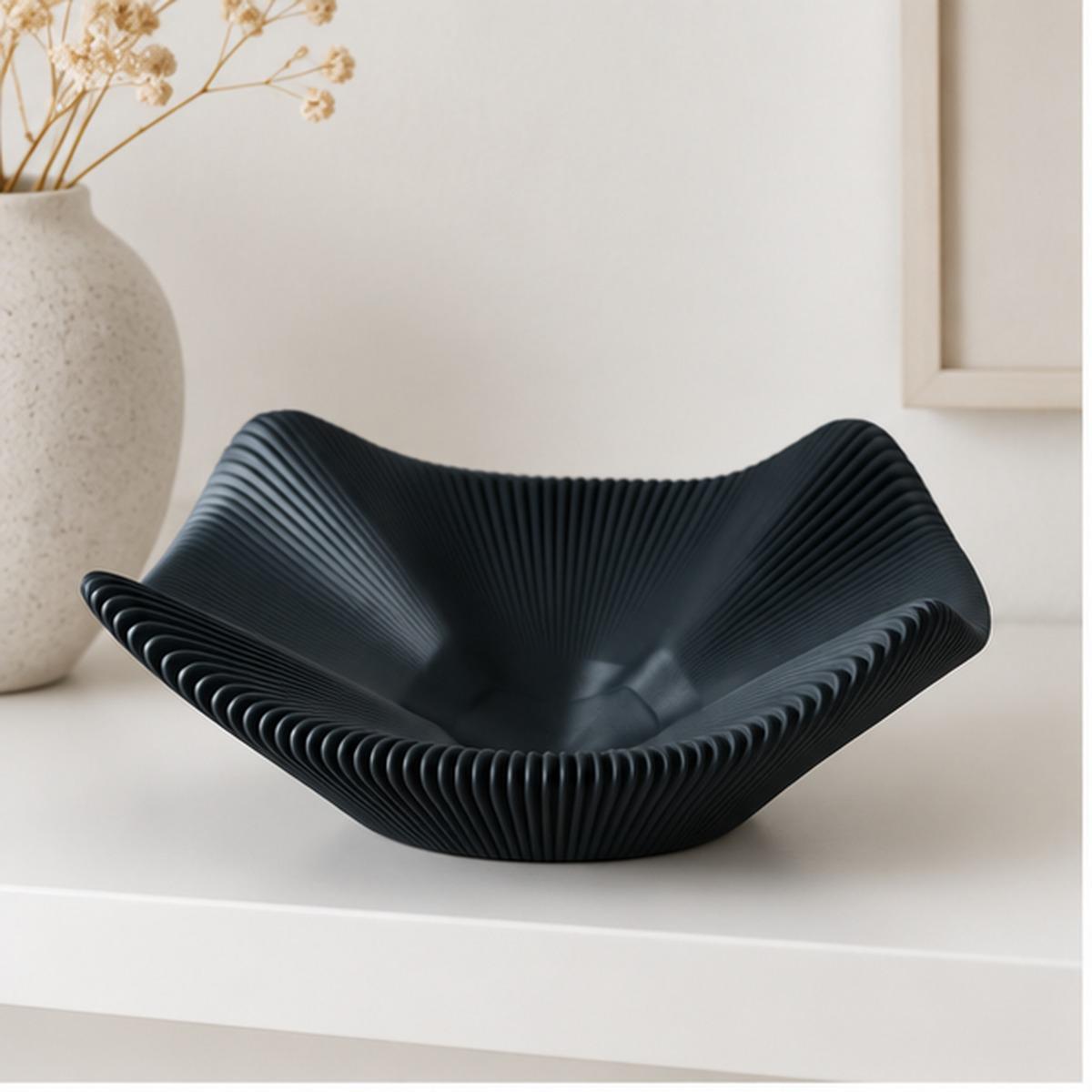 3D Printed Black Pleated Bowl, Folded Rim Sculptural Centrepiece, Japandi Decor