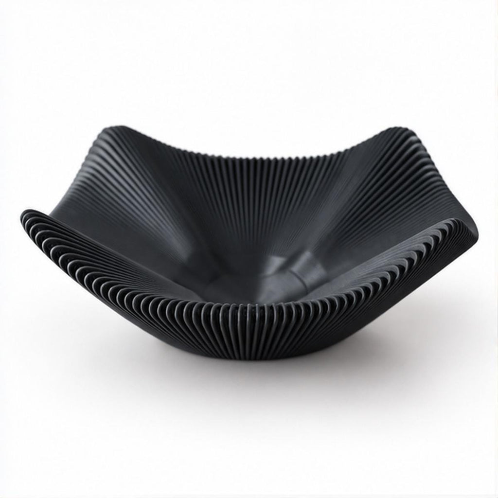 3D Printed Black Pleated Bowl, Folded Rim Sculptural Centrepiece, Japandi Decor