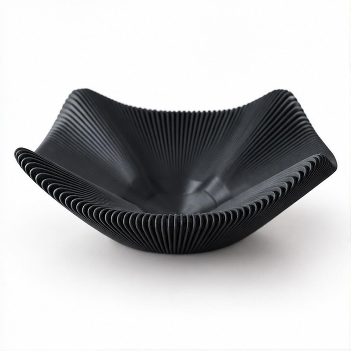 3D Printed Black Pleated Bowl, Folded Rim Sculptural Centrepiece, Japandi Decor